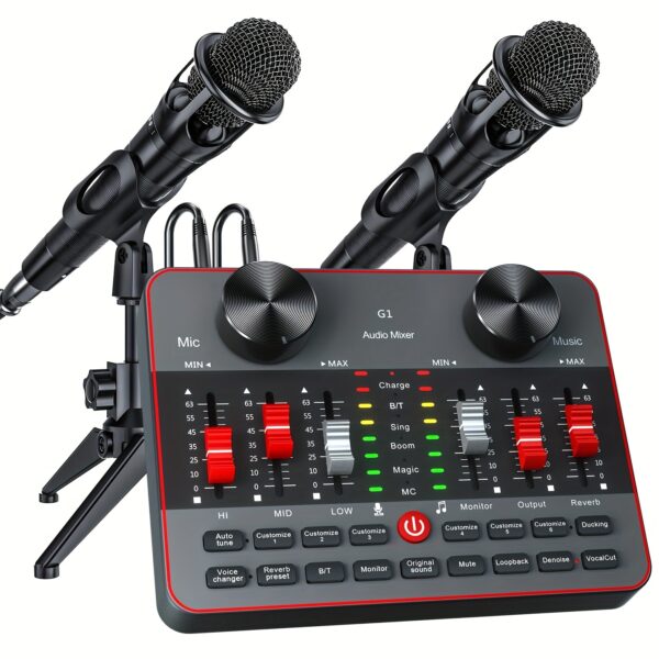 Podcast Equipment Bundle, All-in-One Audio Interface DJ Mixer with 2 Condenser Microphones, Recording Studio Kit Live Sound Card for Singing Broadcast, Live Streaming, Gaming