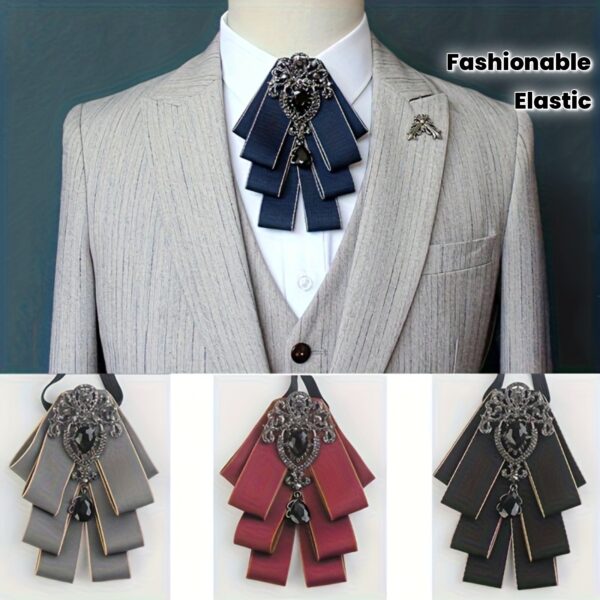 3b00a838ed7644c31998d013d752ea2e.jpg Elegant Bow Tie & Lapel Pin Set for Men & Women - Elastic, Easy-On Design, Perfect for Weddings, Parties, and Daily Wear, Includes 3 Bow Tie Styles in Black, Red, and Gray, with Matching Lapel Pin, Wedding Accessory | Stylish Bow Tie | Woven Fabric Tie