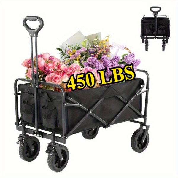 220LBS/ 450LBS/ 680LBS All Terrain Heavy Duty Folding Cart, Large Capacity Camper Suitable for Yard Shopping/ Sports/ Outdoor/ Gardening Equipment Handling, Black Multifunctional Utility Cart
