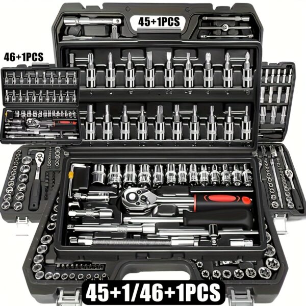 45+1/46+1pc Heavy-Duty Professional Tool Set with Ratchet Wrenches, Sockets & Adapters - 1/2", 1/4", 3/8" Drive, Metric & SAE Compatible, Durable Metal Construction in Sturdy Case for Car, Bike, Motorcycle, ATV, Small Engine Repair - Ideal for Mechanics & Enthusiasts (Battery-Free Operation), Motorcycle Maintenance, Bike Toolkit, Tool Box With Tools For Car Repair, Car Tool Mechanic, Car Mechanic Tool, Car Tool Kit Set, Auto Mechanic Tool, Socket Set, Tool Set Mechanic, Socket Wrench
