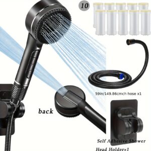 New Handheld High-Pressure Shower Head - Ionic Rainfall Showerhead, 59-Inch (Approx. 150cm) Stainless Steel Hose, Suitable for Hard Water | 3 Spray Modes with 10 Replaceable Filters