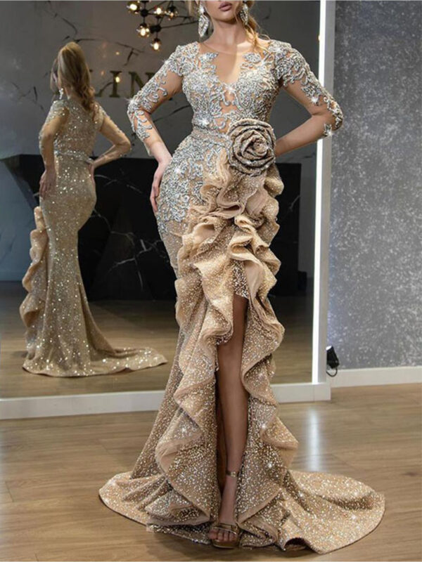 Women'S Elegant Sexy 3D Floral Draped Long Sleeve Evening Dress with Sequin Panel - Mermaid/Pencil Silhouette, Round Neck, Golden Glitter Accent, Floor-Length Formal Party Wedding Gala Dress for Autumn Winter 2025 (Solid Color, No Pattern) - Luxury Statement Dress, Elegant Special Occasion, Exceptional Craftsmanship with Superior Polyester Materials, Designed for Adult Use in Elegant Clothing Products (The color of the fishtags belongs to descriptive concernrais, subjective kinds)