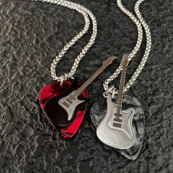 [Hip Hop Guitar Pick Necklace] 1pc Stainless Steel & Titanium Hip Hop Guitar Pick Pendant Necklace - Red & Black Design, Unisex Jewelry for Men and Women, Unique Gift for Music Lovers, Guitar Accessories
