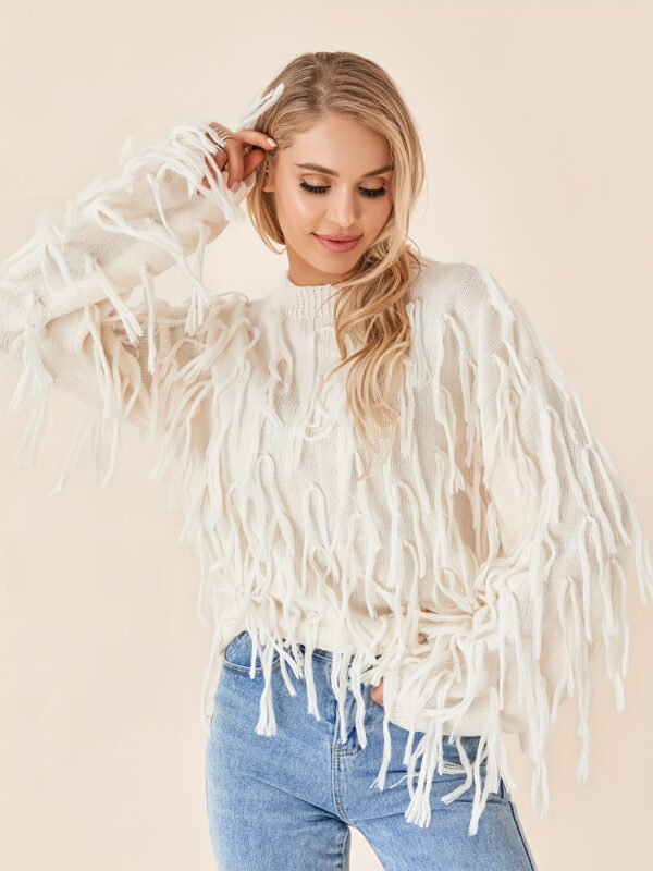 Women Knit Sweater Long Sleeve Crew Neck Tasseled Solid Pullover Tops Streetwear