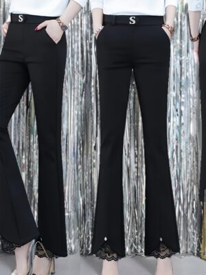 [Elegant High-Waist Flare Pants] Elegant Black High-Waist Flare Pants - Stretchy Nylon Blend Straight-Leg Trousers with Lace Hem, Perfect for Casual to Semi-Formal Wear