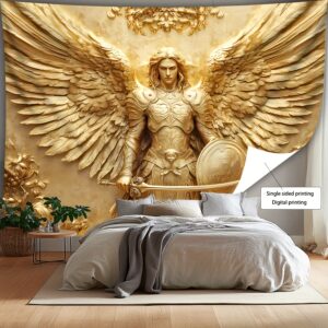 [ 2D Flat Printing] 1pc Glam Style Angelic Archangel Michael Wall Tapestry, Golden Polyester Decor for Living Room, General Fit, No Electricity or Feathers Required