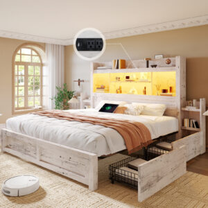 PAPABABE Bed Frame With 49.6 Inch Bookcase Headboard, 4 Drawers And 2 Detachable Storage Racks - Farmhouse Wood Bed Frame With RGB LED Lights And Charging Station, No Box Spring Needed