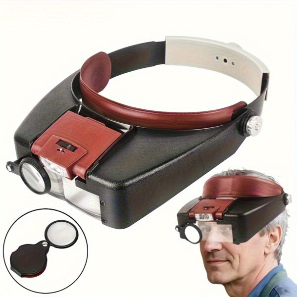 Head Mounted Magnifier + Mini Folding Magnifier Set (2-Pack), 1.5X/3X/8.5X/10X Head-mounted Magnifier with LED Light, Adjustable Headband Size - High Power Magnifying Lens for Circuit Board Repair, Watch Repair, Reading(No Battery)