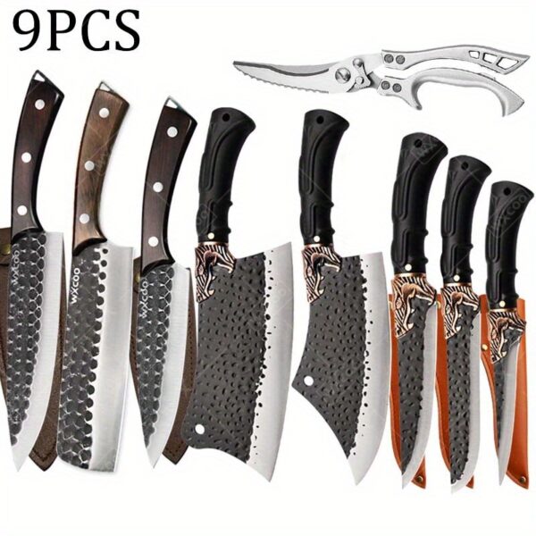 9pcs Professional Chef Knife Set with Viking Handles - Ultra-Sharp, Hand-Forged Stainless Steel for Precision Cutting of Meat, Vegetables & Fish - Includes Boning, Utility, Butcher Knives & Scissors - Rust-Resistant, Black & White
