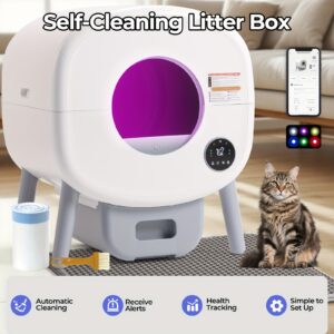 Self Cleaning Cat Litter Box With Garbage Bags - Extra Large Automatic Litter Box For Multiple Cats With Mat - Odor-Free Waste Disposal Litter Robot With App Control Ambient Light
