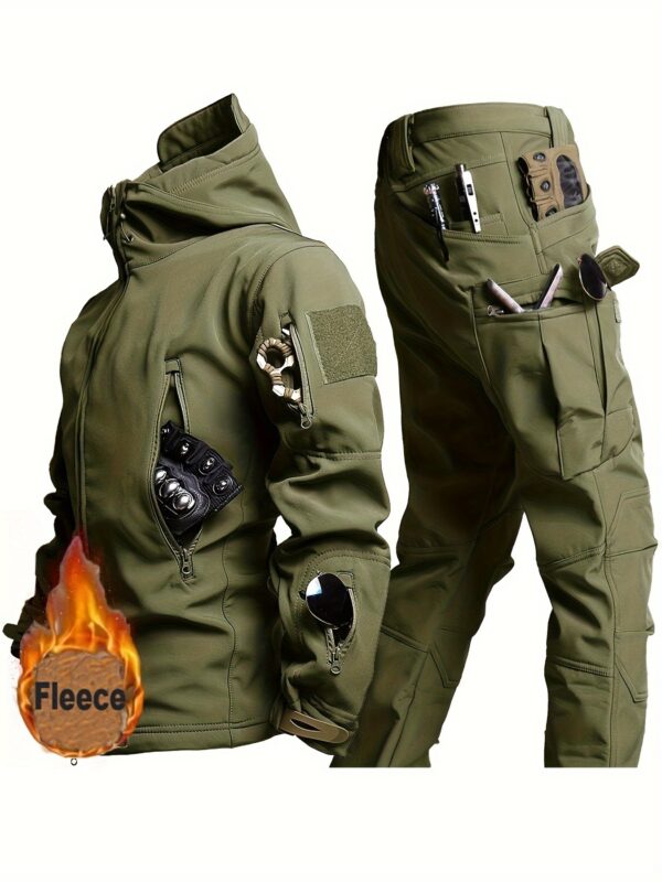 Windproof 2pcs Soft Shell Set - Men's Hooded Jacket with Multiple Pockets and Sharkskin Work Pants, Polyester, Solid Color, Without Accessories