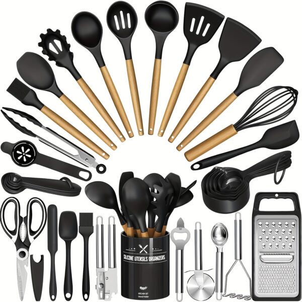Kitchen Utensils Set- 34pcs Silicone Cooking Utensils with Holder, Heat Resistant Kitchen Utensil Spatula Set for Nonstick Cookware, Black Wooden Handles Kitchen Gadgets Tools Set Father Gift