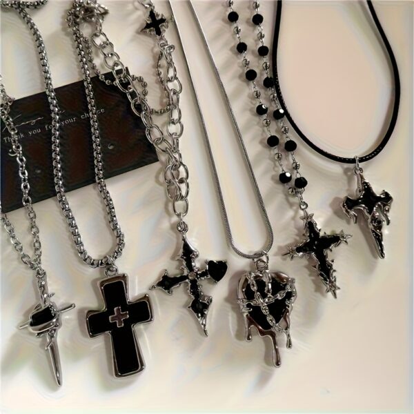 6pcs Gothic Y2K Black Cross Love Heart Pendant Rope Chain Necklaces for Teenager & Teenager - Edgy Punk Jewelry with Star Charms, Mixed Color Beads, Durable Metal Chain for Halloween, Day of the Dead, Graduation Gifts, Year-Round Wear, Halloween Jewelry, Trendy Accessory, Bold Statement Piece, Alternative Fashion, Highquality Beads, Alternative Style Lovers, For Teenager