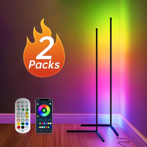 LED 1/2 Pack Corner Floor Lights -16Million DIY Color Changing, RGB Smart Modern Lights (adjustable 56 Inches About 142cm) With Remote Control And APP Control, USB Power Supply, Four Modes With Music, Game Room, Living Room Office And Party Decor