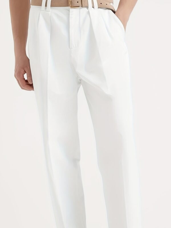 Men's Slim-Fit Straight Leg Casual Pants - Solid White, Business & Office Wear, Lightweight Polyester, Machine Washable, Mid-Rise, Spring/Summer Collection, Casual Dress Pants | Modern Casualwear | Glossy Finish