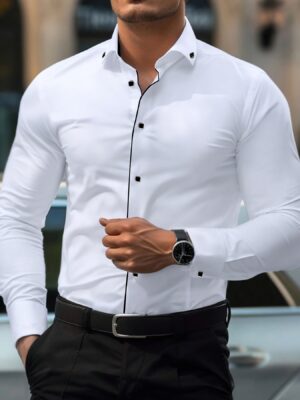 43637857-8935-4f86-b227-45fef346c5a6.jpg Men's Slim Fit White Dress Shirt with Unique Button Details - Classic Retro Style, Machine Washable, Long Sleeve, Form-Fitting Design for Business or Formal Occasions, Allseason Apparel | Nontransparent Fabric