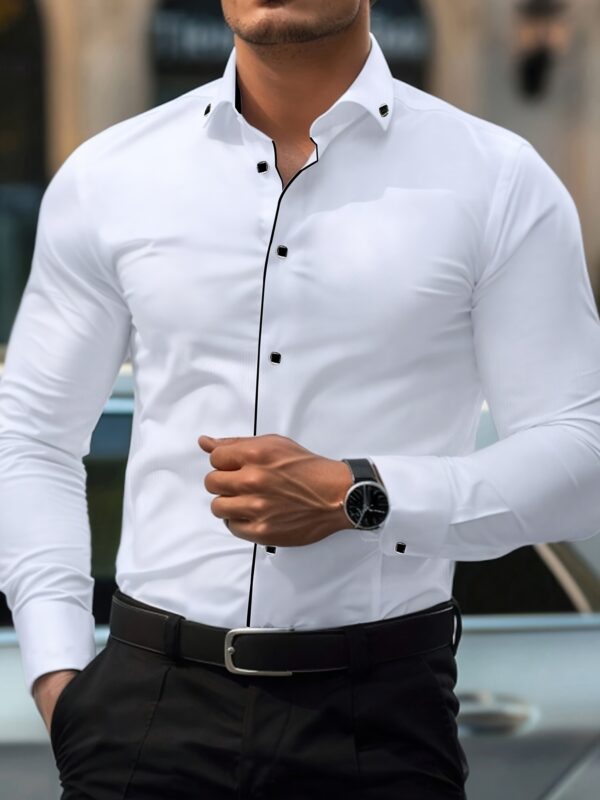 Men's Slim Fit White Dress Shirt with Unique Button Details - Classic Retro Style, Machine Washable, Long Sleeve, Form-Fitting Design for Business or Formal Occasions, Allseason Apparel | Nontransparent Fabric