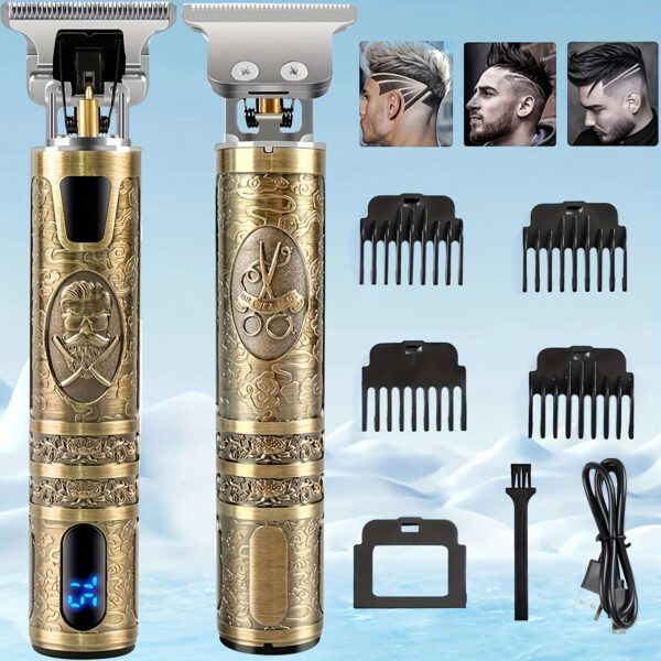 Men's Cordless Electric Hair Clipper & Beard Trimmer Set with LED Display, USB-C Fast Charging, Wireless Long Hair Trimmer, 4-in-1 Attachments (Combs & Charging Cable) - Heavy-Duty Ergonomic Design, USB-Powered Precision Grooming Kit for Men, Ideal Holiday Gift - Vintage Golden & Black Stylish Design, USB, Includes Beard & Hair Trimmer, USB-C Charging, Long Hair Trimmer, Barber Trimmers, Mens Beard Grooming Kit, Beard Trimming Kit, Barber Kits, Barber Tools