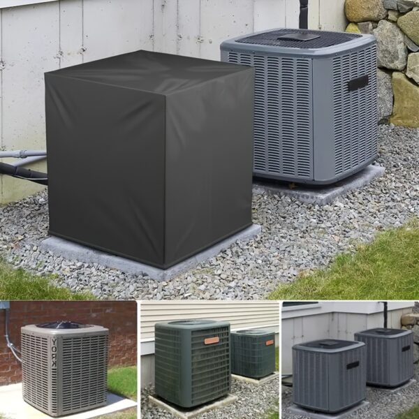 A Robust Outdoor Air Conditioning Cover Made of Durable Polyester, Featuring Ring Fastenings And Designed for Year-Round Use, It Includes Four Corner Straps And Offers a Contemporary Look, Ensuring a Sturdy Construction