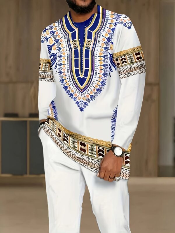 The New Products in 2025, a Two-Piece Set of Men'S Ethnic-Style Long-Sleeved T-Shirts And Long Pants, The White Suit Is Integrated with Blue And Golden Ethnic Pattern Designs, Which Is Suitable for Daily Outings And Casual Wear