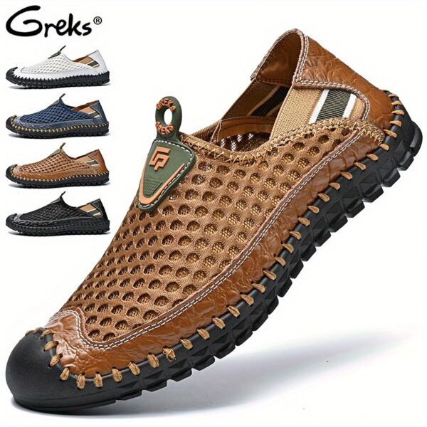 GREKS Men's Mesh Breathable Slip-On Loafers - Lightweight Walking & Hiking Casual Shoes with Stitching Honeycomb Design (Water-Friendly)