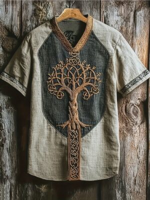 Men'S Celtic Style Short Sleeved Top - Grey Base Color, Dark Areas And Golden Tree Of Life Pattern, Exquisite Craftsmanship, Full Of Mystery And Ancient Charm, Showcasing Unique Cultural Taste