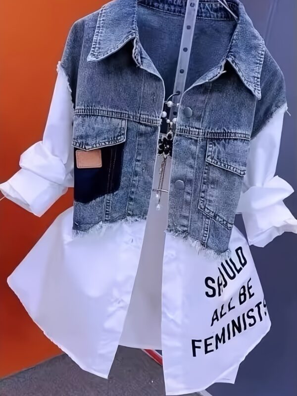 Women's Denim Shirt Vest Top - Button-Front Closure Blouse, Streetwear Chic Two-Tone Jeans-like Layers, Long Sleeve Layered Outfit Piece for Spring/Fall Transitional Seasons (Plus Size Friendly) - Casual to Formal Everyday Tops, Fall Wardrobe Essential, Patchwork Design, Stylish Detailing, Statement Blouse, Fashion Enthusiasts