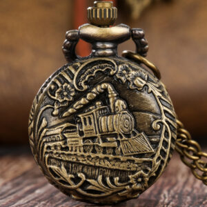 Bronze Steam Locomotive Train Quartz Analog Pocket Watch Mini Necklace Pendant Arabic Numerals Dial Necklace Pocket Clock