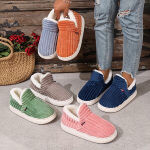 Women's Cozy Plush-Lined Winter Slippers - Soft, Warm, and Breathable Green Ribbed Design with White Faux Fur Trim, Non-Slip EVA Sole for Home or Travel, Indoor Comfort | Snug Fit Slippers | Ribbed Fabric Exterior