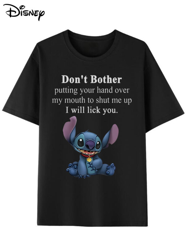 Disney Stitch "Don't Bother Putting Your Hand Over My Mouth I Will Lick You" Graphic T-Shirt - Unisex 100% Cotton Relaxed Fit Short Sleeve Tee with Cartoon Design, Round Neck & Machine Washable for Casual Wear, Easycare Top | Humorous Tshirt | Cotton Tshirt