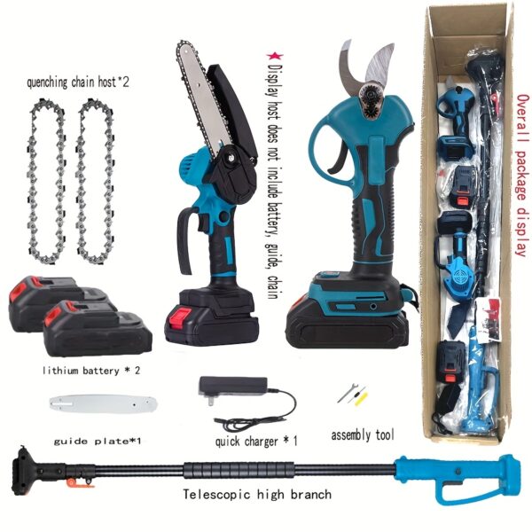 477af627-1286-41b3-b8c8-d31ae22c5743.jpg Three Specifications to Choose From: 3pcs Set/2pcs Set/Mini Chainsaw Set, 6.5-Foot Telescopic Pole, 6-Inch Electric Brushless High-Branch Saw, Electric Pruning Shears with 2 1.3Ah Batteries, Suitable for Home Garden Tree Pruning