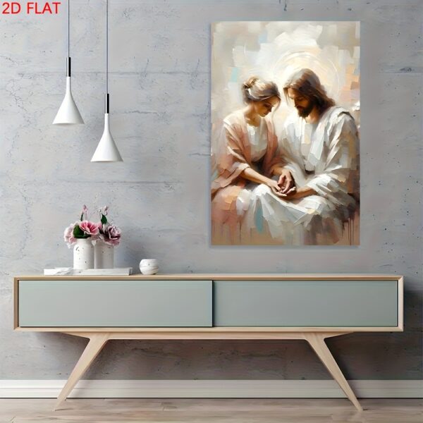 1pc 2Dflat Religious Wrapped Canvas Art - Jesus Sitting with Woman, Soft Pastel Tones, Wood Framed Christian Wall Decor for Bedroom, Living Room, Dining Room Indoor Spiritual Home Decor, Religious Wall Art, 2D Flat, Perfect for Room Decor
