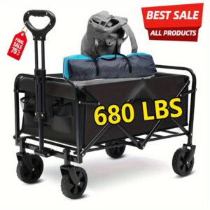 220/450/680 lb Capacity Heavy-Duty All-Terrain Folding Cart - Steel Frame and 600D Oxford Fabric, Camping, Gardening, Beach, Shopping Foldable Utility Cart - No Assembly Required, Black, Garden Tool Carrier, Sturdy Handle Design, Durable Wheel Construction