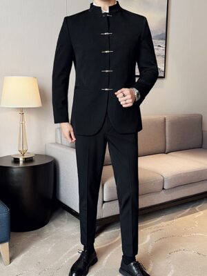 [Modern Suit Jacket] Modern Stretch Fabric Men's Suit Jacket | Double Mandarin Neck, Button-Up, Long Sleeve, Regular Fit, Solid Color for Fall/Winter Casual Wear
