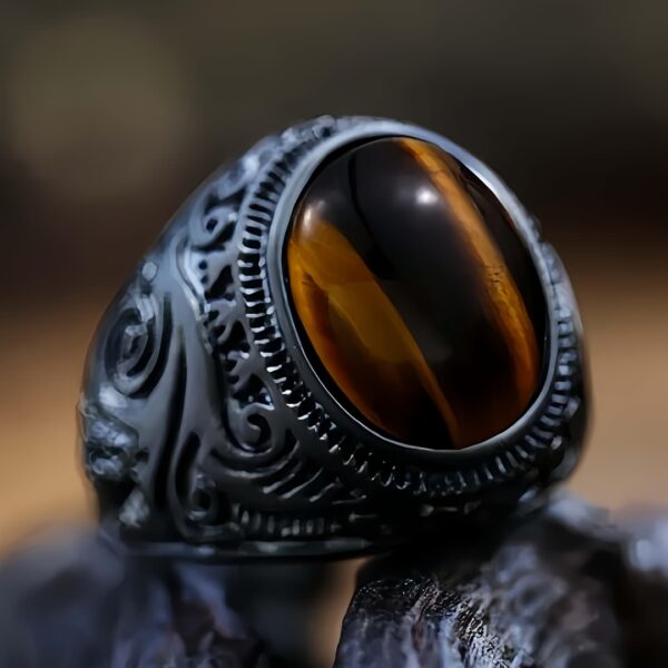 Vintage Bohemian Stainless Steel Ring for Men & Women - Black Carved Imitation Brown Tiger Eye Stone, Unisex Wedding & Valentine'S Day Anniversary Gift, Durable Everyday Jewelry for Halloween Christmas Gifts, Wedding Jewelry, Bohemian Style, Intricate Carvings