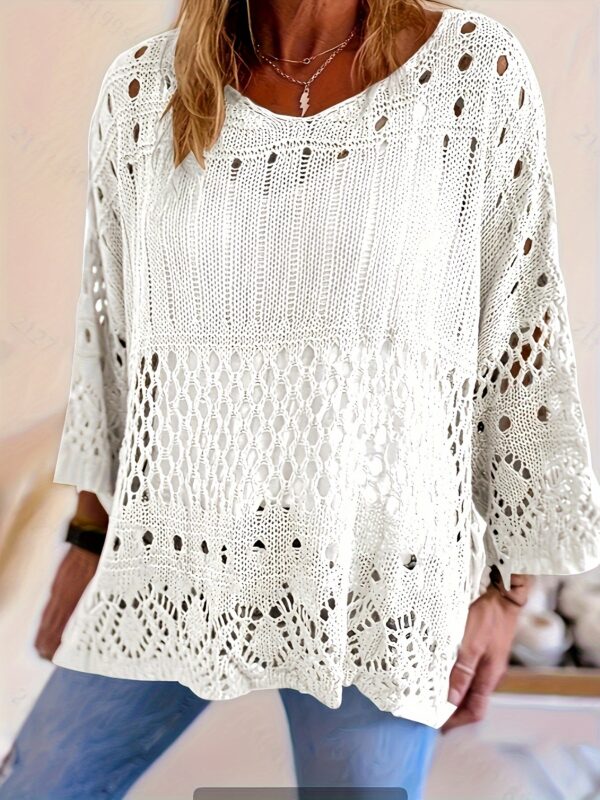 Plus Size, Oversized Knitwear Loose-Fitting 3/4 Sleeve Sun-Protective Layered Top with Cut-Out Design