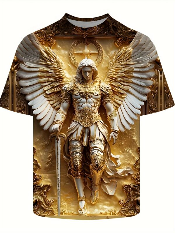 Men'S 3D Golden Angel Warrior Armor Pattern T-Shirt- Full Body Print Casual Short Sleeve Crew Neck Top, Regular Fit, Machine Washable Summer Art Street Style Comfortable Shirt, Exquisite Design Heat Transfer Printing