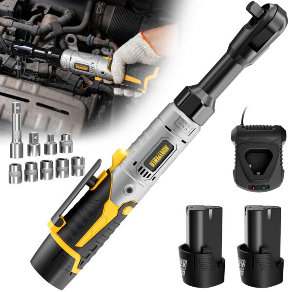 60 Ft-lbs High-Power Cordless Ratchet Wrench Set, 3/8" Drive, 12V, Variable Speed, Includes 2 Rechargeable Batteries, LED Work Light, 6 Sockets, 1/4" Adapter, Durable Case - Ideal for Automotive and Mechanical Work