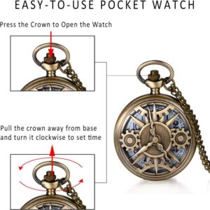 Steampunk Pocket Watch - Mechanical Automatic Winding Movement, Roman Numerals & Gears Exposed Design, Vintage Industrial Style with Chain - Unique Gift for Men & Women