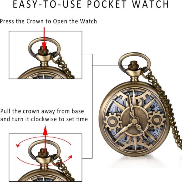 Steampunk Pocket Watch - Mechanical Automatic Winding Movement, Roman Numerals & Gears Exposed Design, Vintage Industrial Style with Chain - Unique Gift for Men & Women