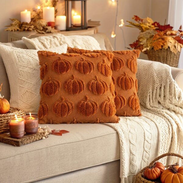 2pcs Autumn Pumpkin Throw Pillow Covers - Soft Plush Faux Fur Jacquard, Zipper Closure, 18x18in/12x20in/20x20in, Festive Fall & Thanksgiving Decor for Sofa or Bedroom, Farmhouse Style, Pumpkin Decor
