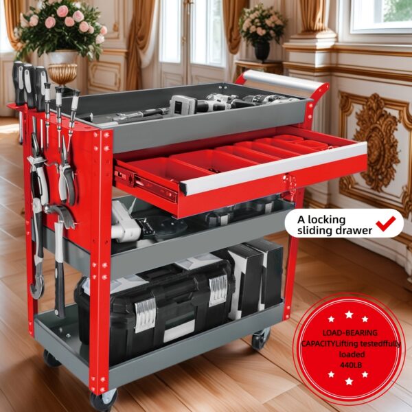3-Tier Heavy-Duty Metal Rolling Tool Cart with Locking Sliding Drawers & Pegboard - 500 lbs Capacity Mechanic Workshop Organizer with 4-Wheel Mobility, Removable Middle Tier & Tool Storage Shelves - Garage, Warehouse, Home Storage Cart - Ideal Father's Day Gift for Men, Tool Storage Organizer with Locking Sliding Drawer & Pegboard System for Efficient Tool Organization, Tool Box On Wheels, Tool Box Storage, Tool Chest On Wheels
