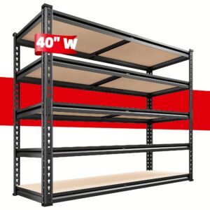 2500/2000 LBS Heavy-Duty Adjustable 5-Tier Metal Storage Shelving Unit with 40" Wide Base & 72"/60" Height - Freestanding Garage, Pantry, Warehouse Shelving System - Easy 10-Min Assembly, Adjustable Height & Divisible Shelves, Rolled Edge Design, Black - Ideal for Home, Office, Basement, Kitchen Storage - Sturdy Metal Frame & MDF Board Construction, No Bolts/Easy Setup, Utility Shelves, Storage Shelves, Shelves Storage, Heavy Duty Storage Shelves, Storage Rack