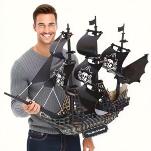 3D Black Pearl Pirate Ship Handmade Assembly Model - Sailing Ship Building Kit, Creative DIY Desktop Decor. Perfect for family puzzle activities, makes an ideal gift for Christmas, Halloween, Thanksgiving, and birthdays, suitable for both men and women.
