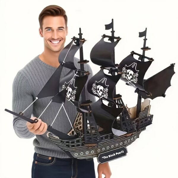 3D Black Pearl Pirate Ship Handmade Assembly Model - Sailing Ship Building Kit, Creative DIY Desktop Decor. Perfect for family puzzle activities, makes an ideal gift for Christmas, Halloween, Thanksgiving, and birthdays, suitable for both men and women.