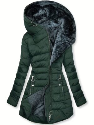 Women's Winter Fleece-Lined Hooded Jacket - Mid-Length Relaxed Fit Coat with Zipper Front, Long Sleeve Casual Outerwear for Cold Weather