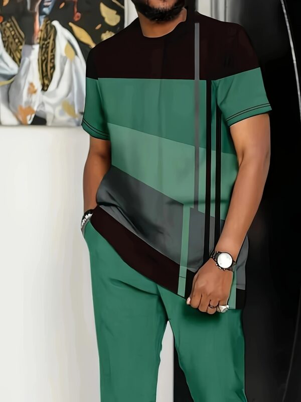 2025 New Plus Size Men's Short Sleeved Shirt And Pants Set, Geometric Splicing Design, Blue, Gray, And Green Color Matching, Artistic And Fashionable Style, Suitable for Daily Travel, Leisure, And Vacation Wear, PLUS SIZE