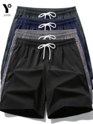 4-color Pack Black-Grey-Navy- Army Green Men's Casual Loose Sports Quick-drying Shorts, Elastic Waistband and Belt Fitness Training Shorts with Pockets Men's Lightweight Sports Running Shorts