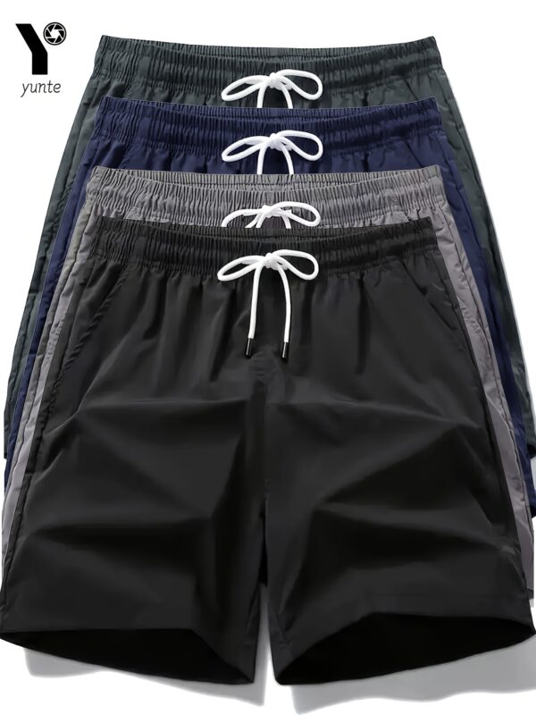 4-color Pack Black-Grey-Navy- Army Green Men's Casual Loose Sports Quick-drying Shorts, Elastic Waistband and Belt Fitness Training Shorts with Pockets Men's Lightweight Sports Running Shorts