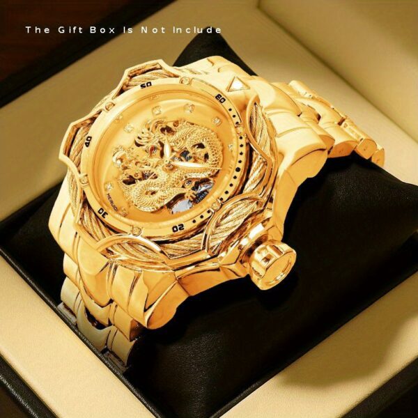 1pc Men's Yellow Steel Strap Party Style Elegant Dragon Pattern Fine Carving Automatic Tourbillon Mechanical Watch, Stylish Timepiece, Formal Accessory, Elegant Design, Sophisticated Watch, Highquality Watch, Precision Engineering, Skeleton Dial Watch, Tourbillon Watch, Watch Collectors, Business Professionals